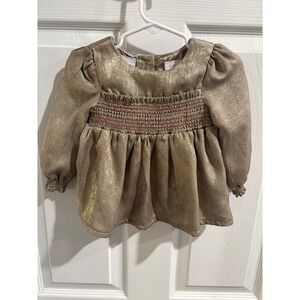Tommy Bahama Baby Girl Gold Shimmer Smocked Long Sleeve Dress Size 12 Months